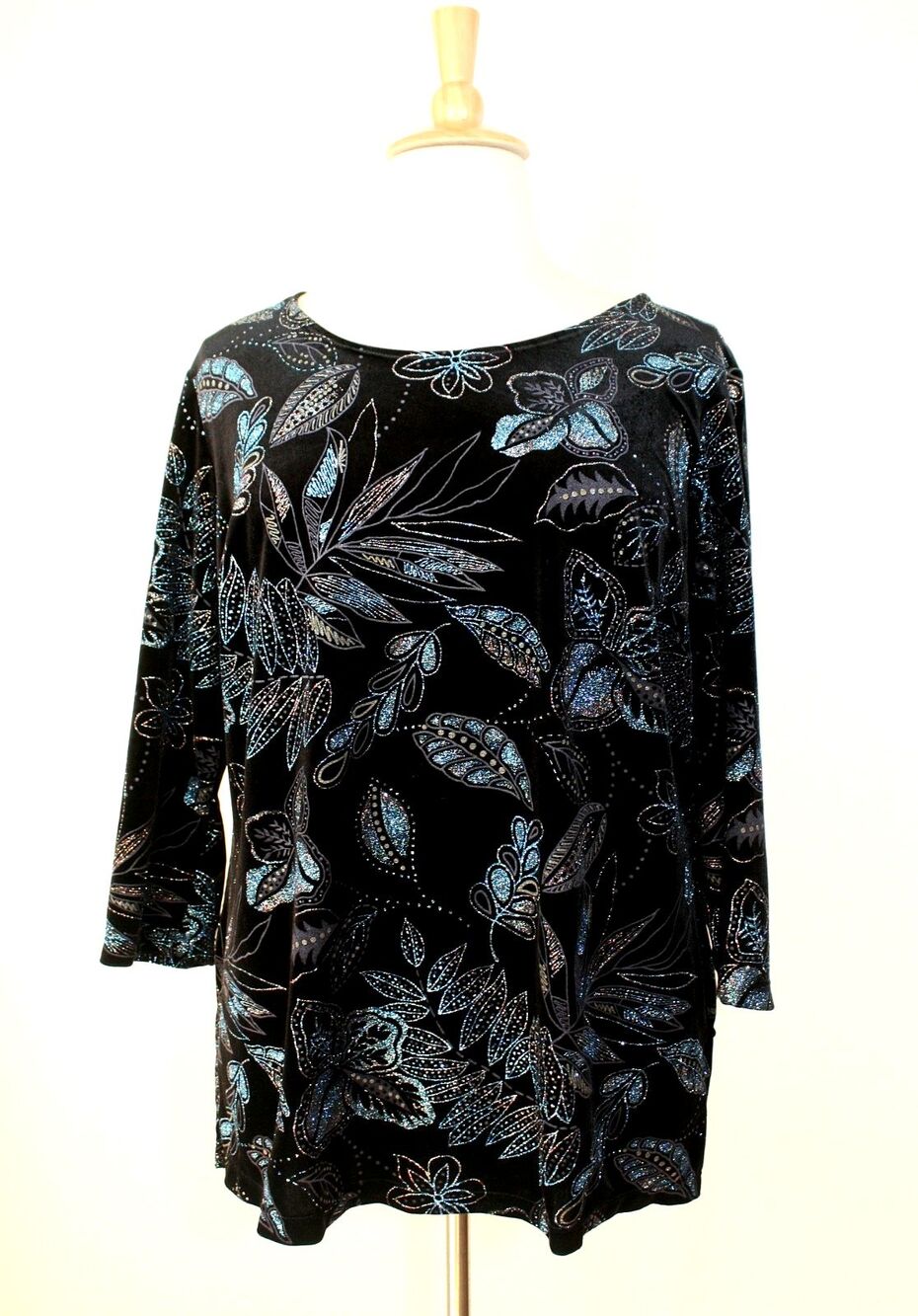 Dark Romantic Whimsigoth NOTATIONS Top Tunic Sz. 1X Black Sparkling Floral #04